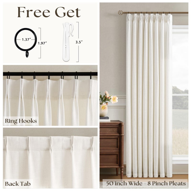 Seeluck Pinch Pleated Linen Curtains 90 Inches Long for Living Room Cream Ivory Light Filtering Pinch Pleat Hooks Rings Back Tab Neutral Boho Farmhouse 90 Inch Curtain Drapes for Bedroom Window 1 Panel - Image 3