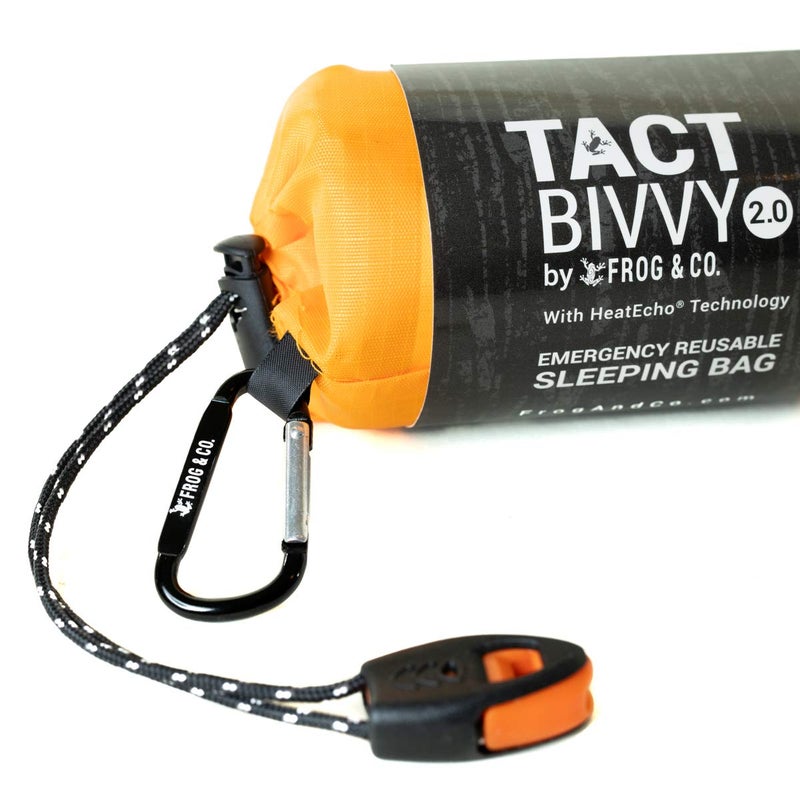 Survival Frog Tact Bivvy 2.0 Emergency Sleeping Bag w/Stuff Sack, Carabiner, Survival Whistle, ParaTinder - Compact, Lightweight, Waterproof, Reusable, Thermal Bivy Sack Cover, Shelter Kit (Orange) - Image 5