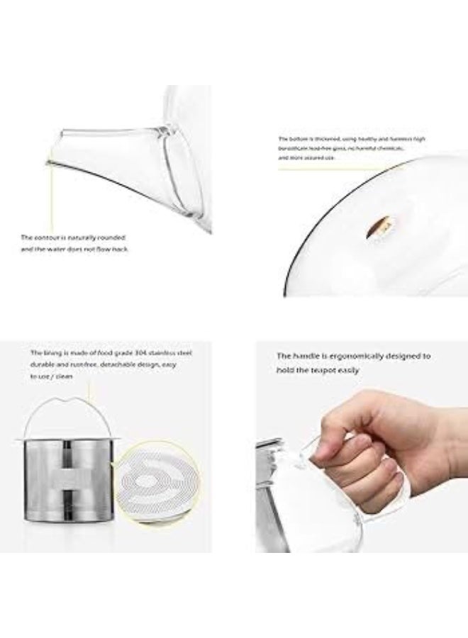 إبريق شاي زجاجي مع مصفاة من الفولاذ المقاوم للصدأ وغطاء، آمن للاستخدام على الموقد، سعة 600 مل - Image 2