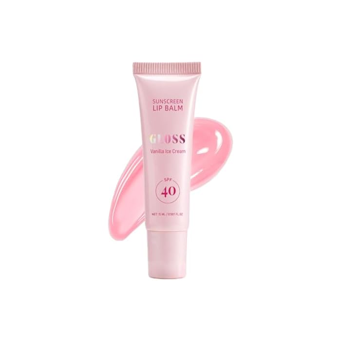 Sunscreen Lip Balm SPF 40 – Glow Gloss Lip Moisturizer with Vanilla Flavor, Hydrating Lip Oil with Jojoba Oil & Shea Butter, Shiny Finish, Broad Spectrum Lip Protection for Dry Lips, Lightweight, 15ml