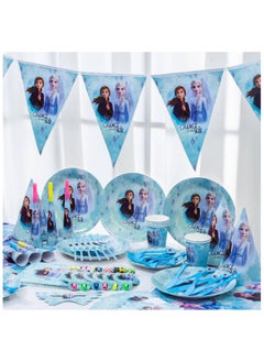 Remy Belle 180 pcs Frozen Theme Princess Anna Elsa Party Disposable Tableware, Party Supplies, Kids Favor Happy Birthday Decoration Props, Baby shower tableware kit with plates, forks, knifes 16 items for Girls  - Image 1