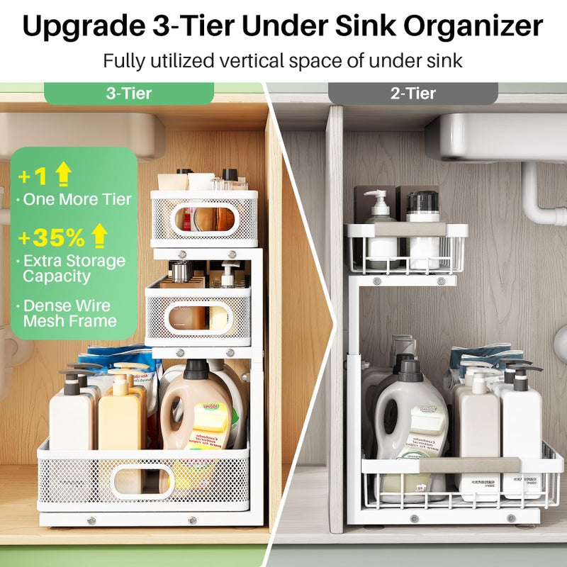 Kitstorack Under Sink Organizer, 2-Pack 3-Tier Height Adjustable Thickened Metal Pull out Cabinet Organizer Shelf, Slide out Storage Drawer Rack for Bathroom Kitchen Pantry Home Laundry Organization - Image 4