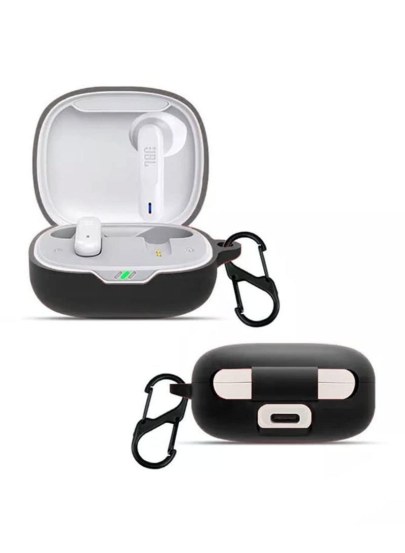 Silicone Carrying Case Earphone Shell Compatible with JBL Wave 300TWS Protective Scratch Cover with Carabiner (Black) - Image 1