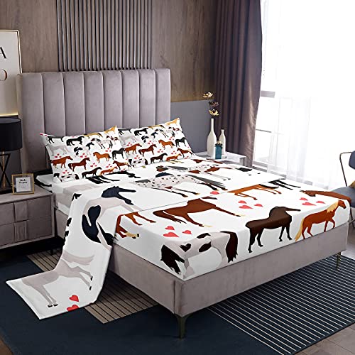 Erosebridal Erosebridal Horse Sheet Set Full Farm Fitted Sheet Kids Boys Girls Teens Cute Animal Flat Sheet Cartoon Horses with Pink Lover Heart Decor Kawaii Top Sheet Cowboy Cowgirls Bed Sheet Set 4Pcs