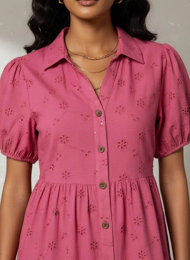 Splash FAV Schiffli Textured Tiered Women Dress with Collar