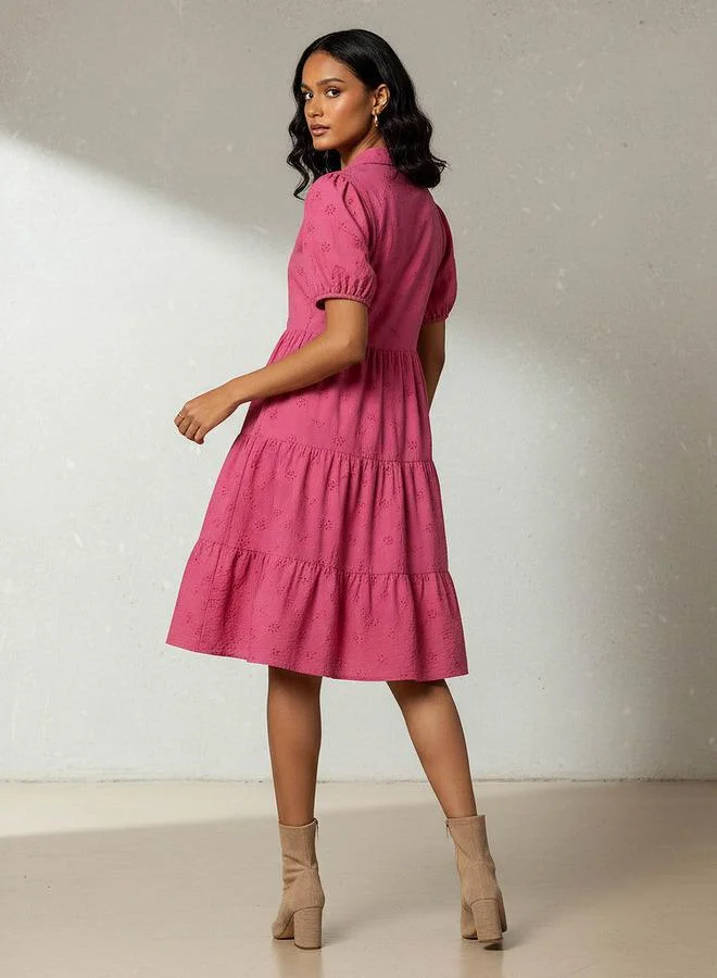 Splash FAV Schiffli Textured Tiered Women Dress with Collar