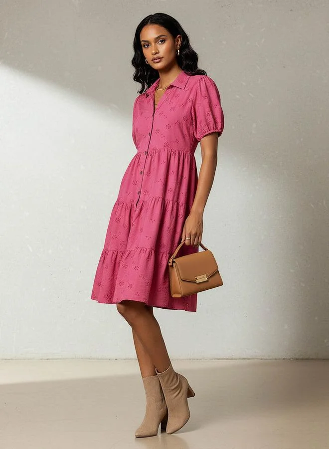 Splash FAV Schiffli Textured Tiered Women Dress with Collar