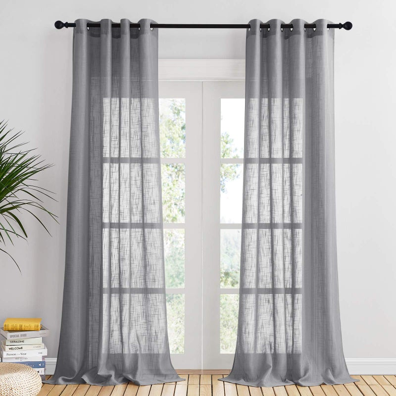 PONY DANCE Grey Net Voile Curtains  Privacy Protected Net Curtain for Home Decoration Bedroom SemiTransparent Voile with Linen Look 52inch Wide by 95inch Drop Dark Grey 2 Panels