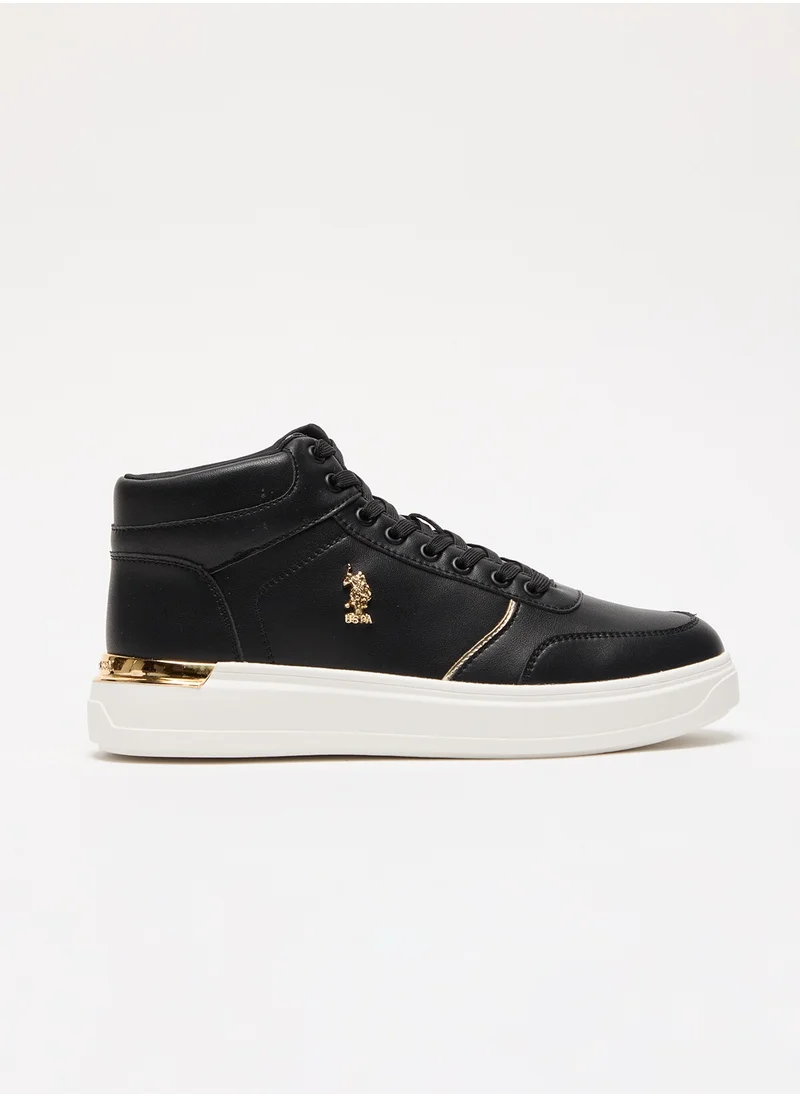 يو اس بولو اسن Women's Black High-Top Sneakers with Golden Accents - Sleek and Modern Design