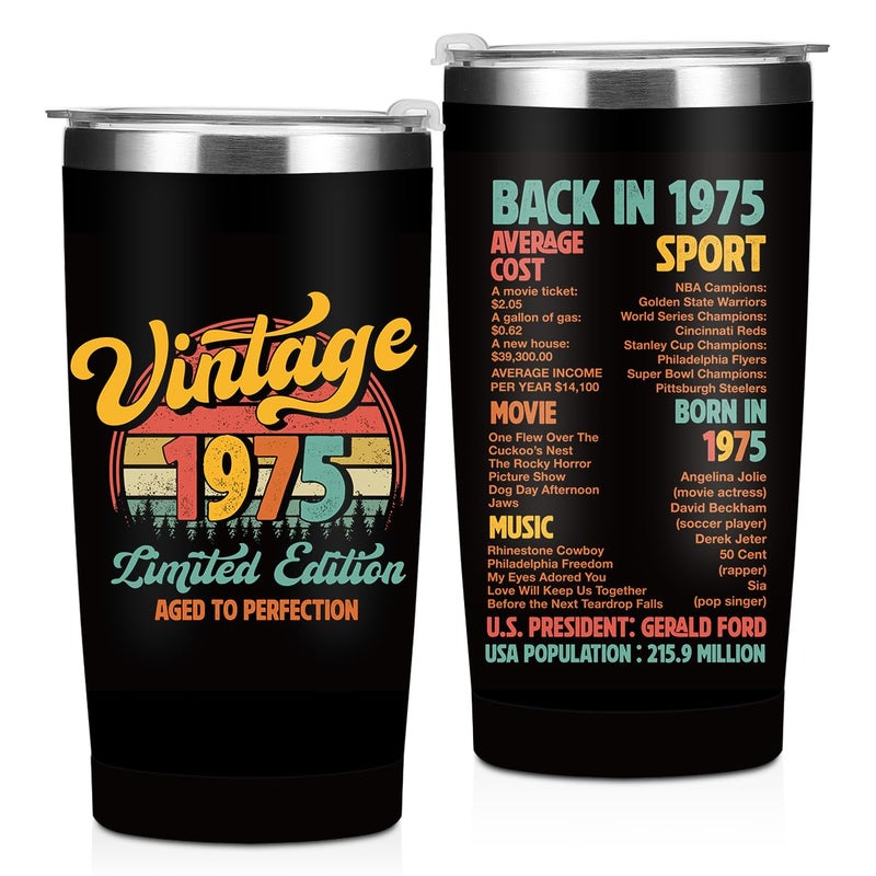 jealance هدايا عيد الميلاد الخمسين للرجال 1975 هدايا عيد الميلاد الخمسين زينة عيد الميلاد كوب تامبلر 20 أونصة من الفولاذ المقاوم للصدأ معزول هدايا لرجل يبلغ من العمر 50 عامًا والد كوب سفر ترمس أسود كوب شرب للسيارة