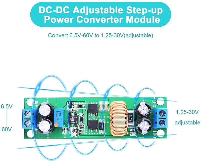 REES52 DC-DC Buck Converter Step Down Module, DC 6.5V-60V to 1.25-30V 10A Adjustable Power Supply Voltage Regulator Module, Voltage Step Down Converter Board - Image 2