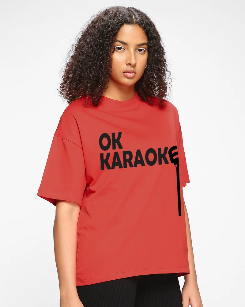bewakoof Women's Bold Red Ok Karaoke Typography Oversized Plus Size T-shirt