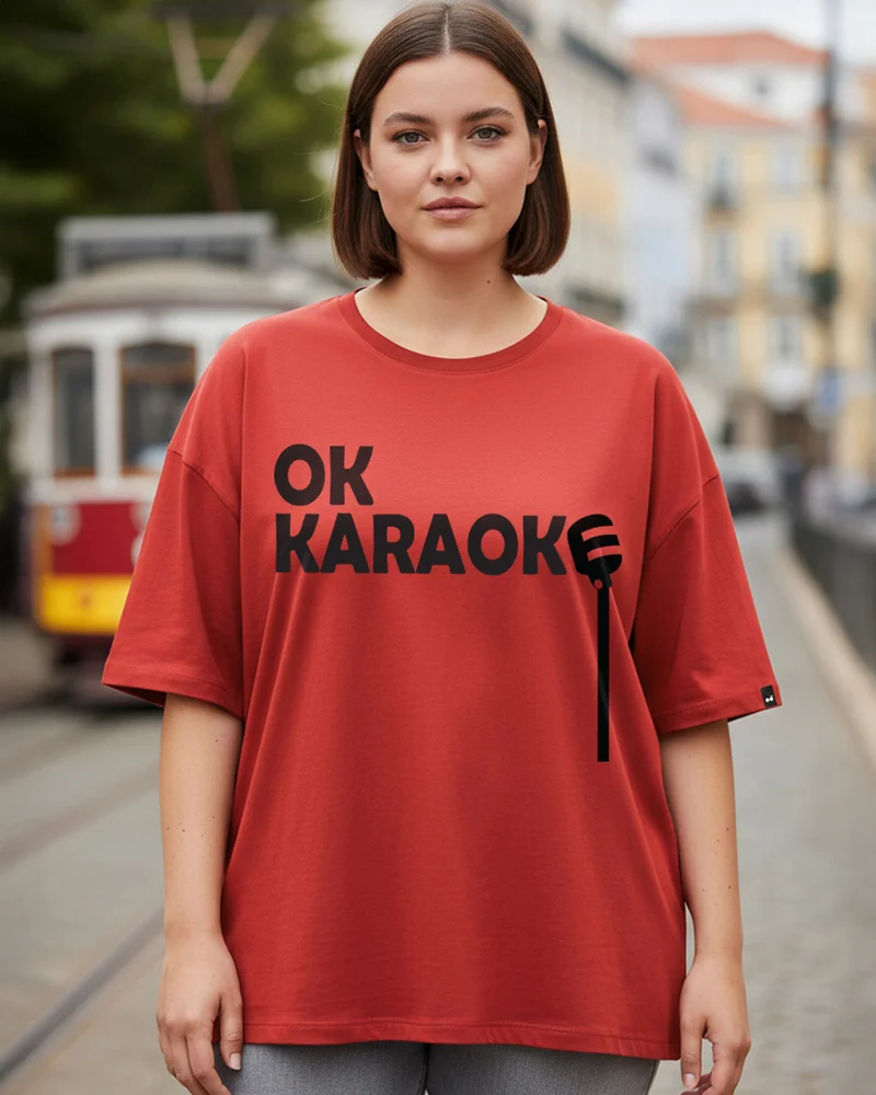bewakoof Women's Bold Red Ok Karaoke Typography Oversized Plus Size T-shirt