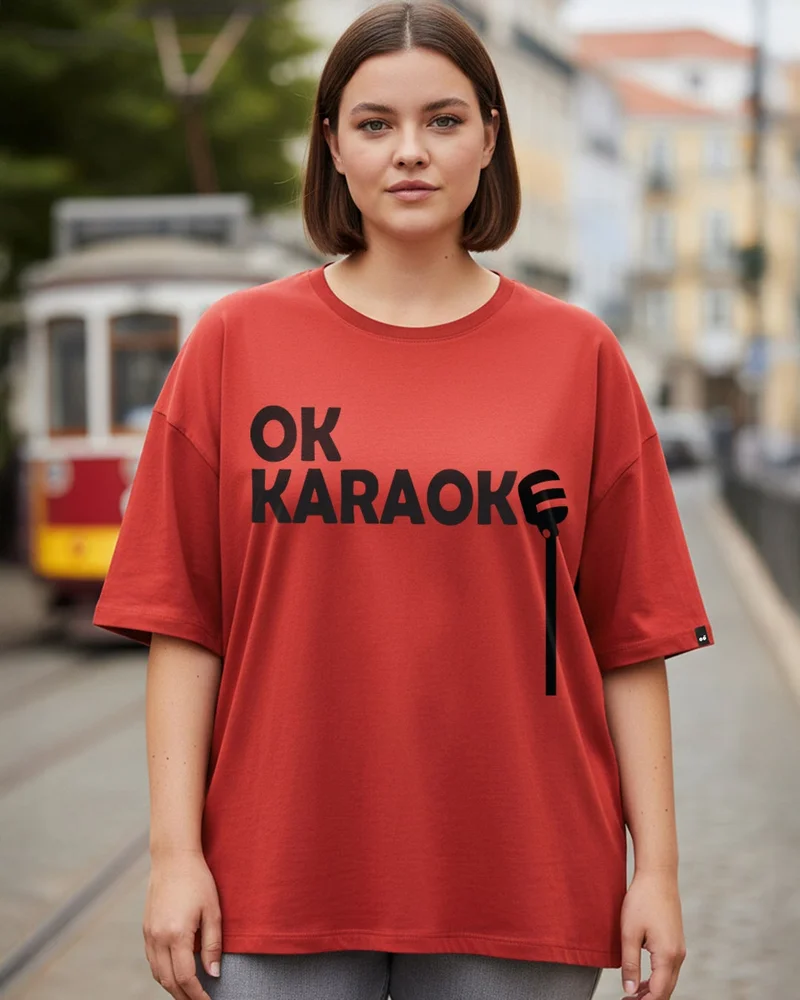 bewakoof Women's Bold Red Ok Karaoke Typography Oversized Plus Size T-shirt