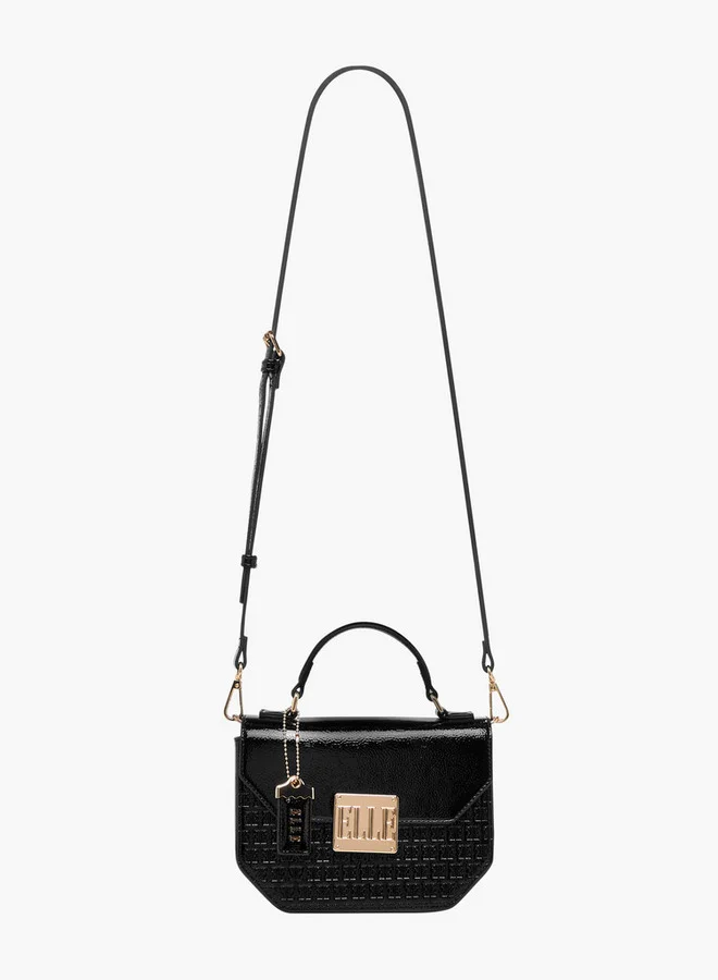 ELLE Monogram Embossed Satchel Bag with Grab Handle and Button Closure