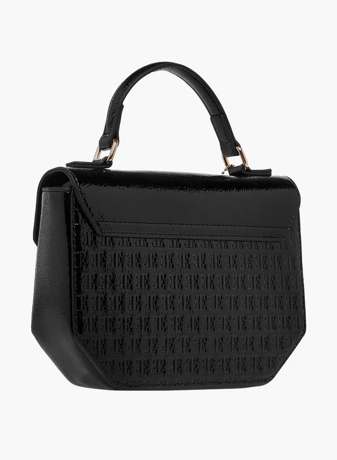 ELLE Monogram Embossed Satchel Bag with Grab Handle and Button Closure