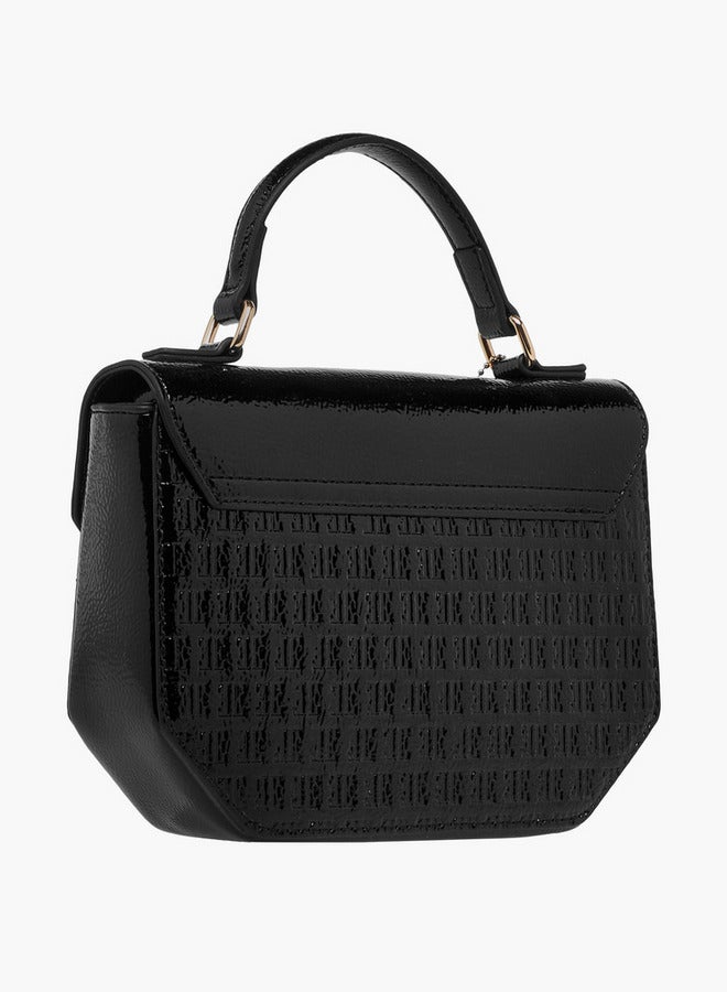 ELLE Monogram Embossed Satchel Bag with Grab Handle and Button Closure - Image 4