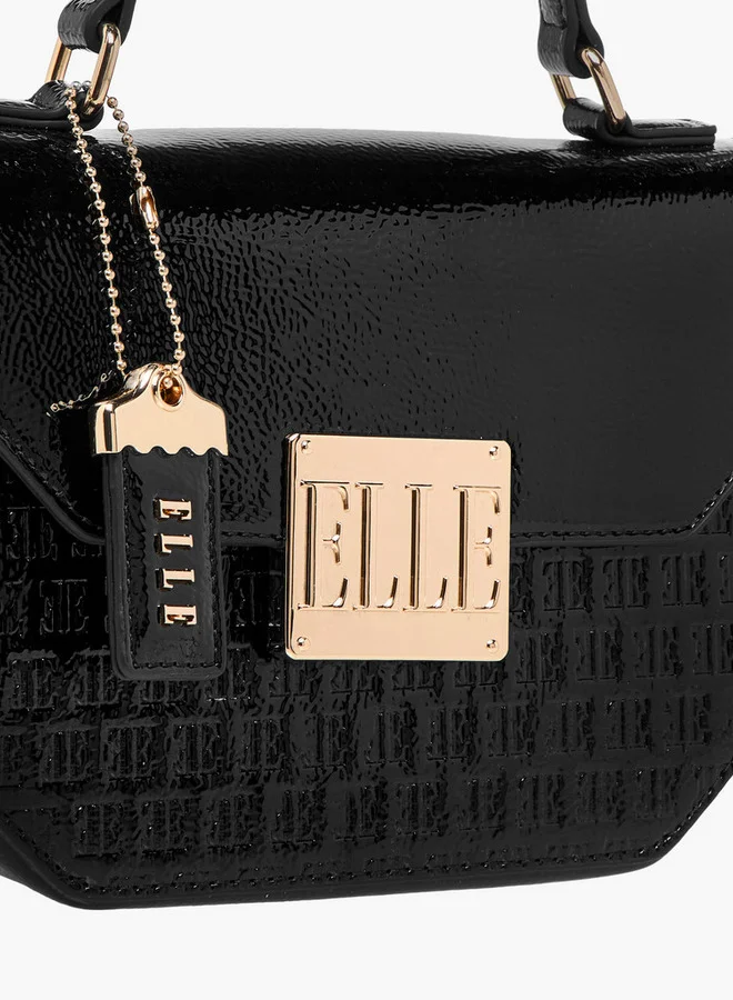 ELLE Monogram Embossed Satchel Bag with Grab Handle and Button Closure