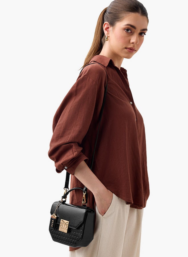 ELLE Monogram Embossed Satchel Bag with Grab Handle and Button Closure - Image 2