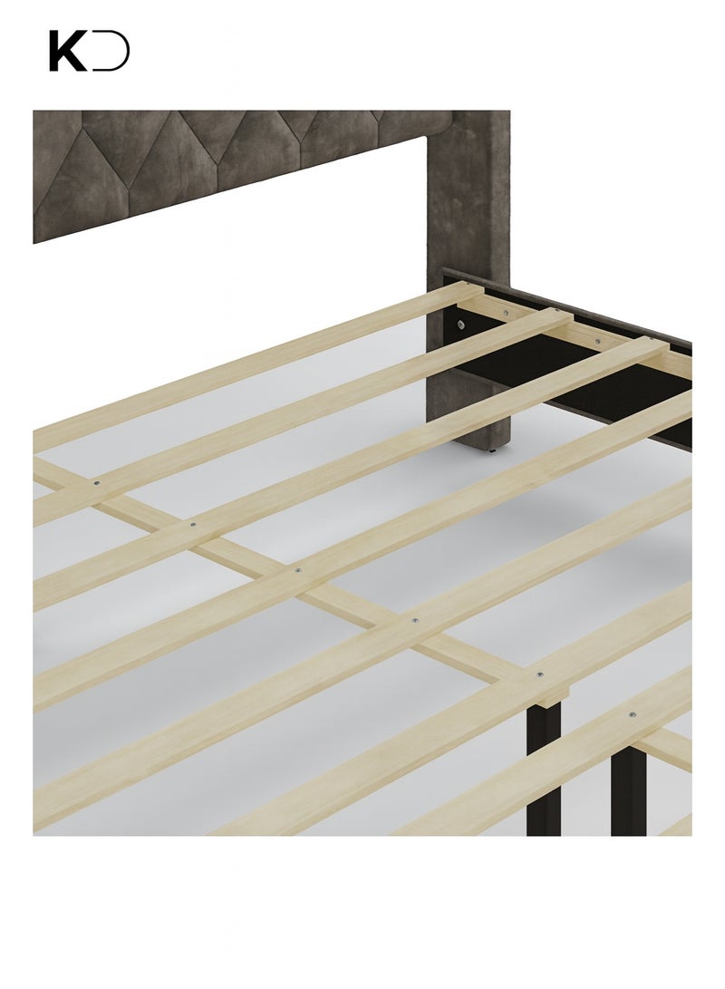 كستم ديكو إطار سرير عصري منجد من Kustom Deco Meadow مع لوح رأس مبطن طويل من قماش مخملي رمادي، تصميم قابل للتخصيص، سرير منصة مقاس كوين كبير 160 × 200 سم مع شرائح خشبية متينة لأثاث الإمارات العربية المتحدة - Image 4