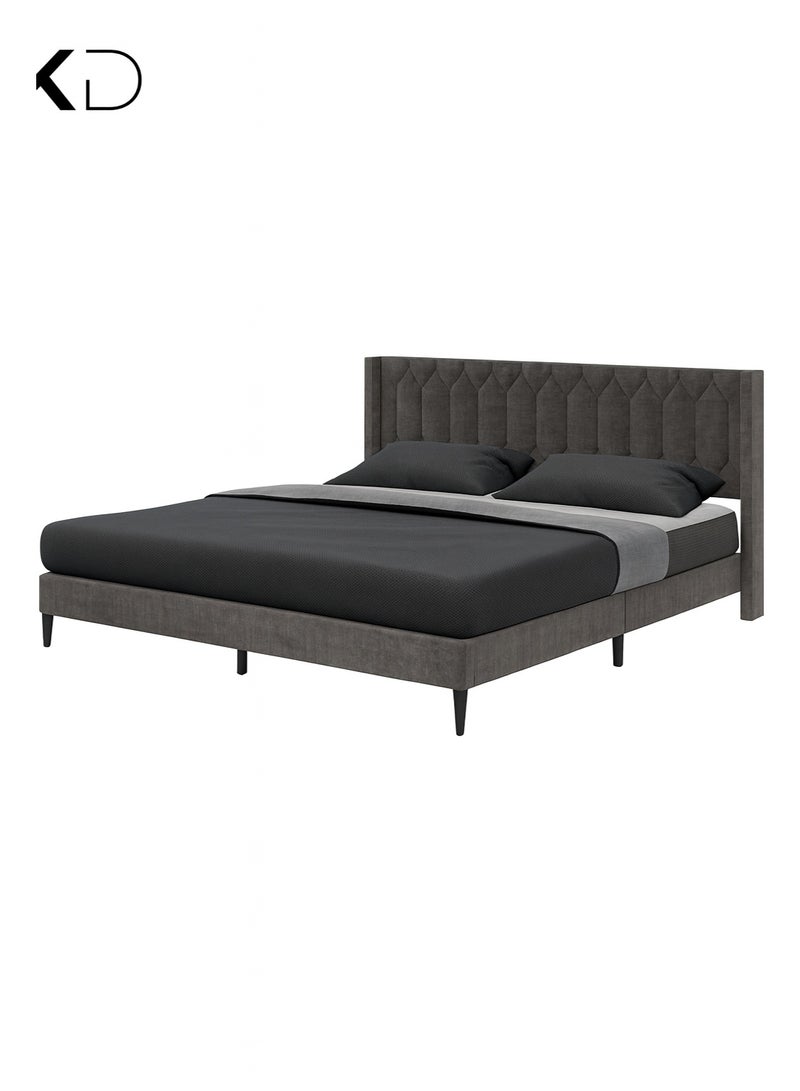 كستم ديكو إطار سرير عصري منجد من Kustom Deco Meadow مع لوح رأس مبطن طويل من قماش مخملي رمادي، تصميم قابل للتخصيص، سرير منصة مقاس كوين كبير 160 × 200 سم مع شرائح خشبية متينة لأثاث الإمارات العربية المتحدة - Image 5