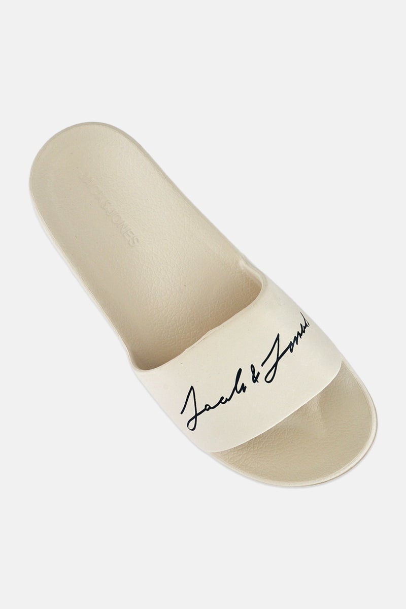 JACK & JONES Men Brand Logo Slip On Slides, Cream - Image 2