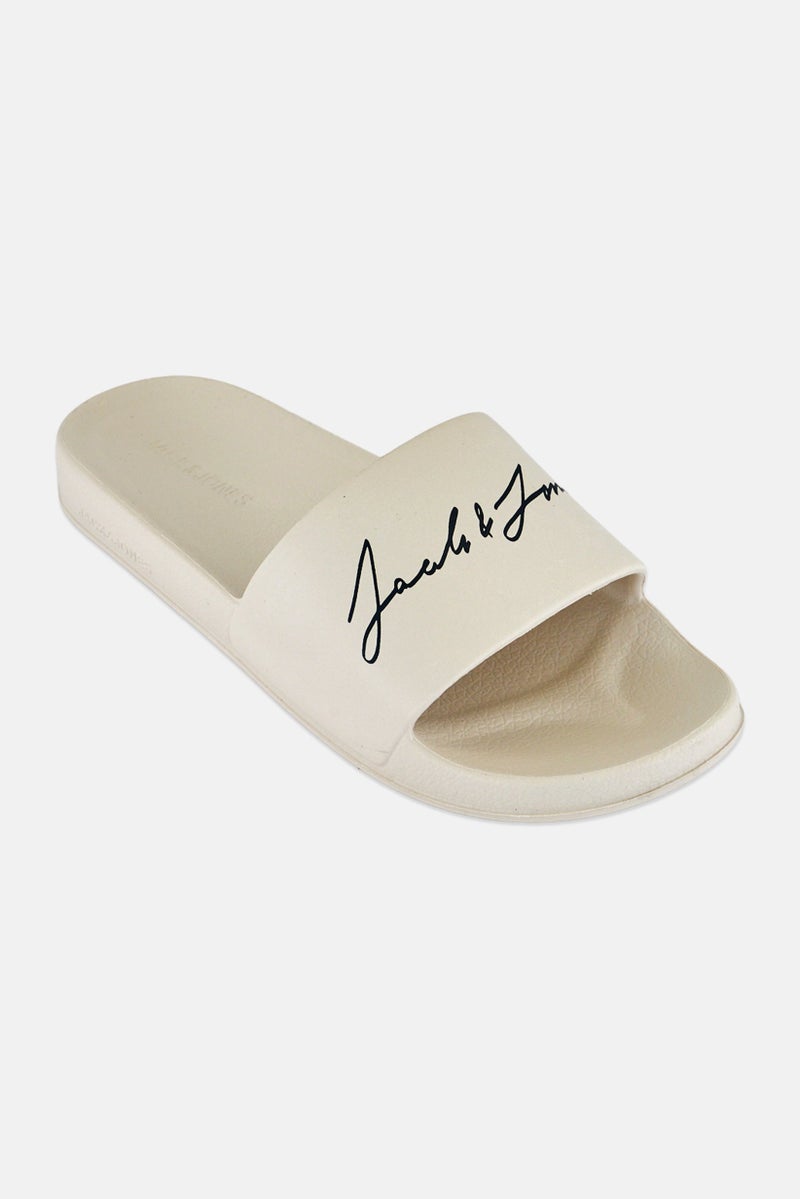 JACK & JONES Men Brand Logo Slip On Slides, Cream - Image 1