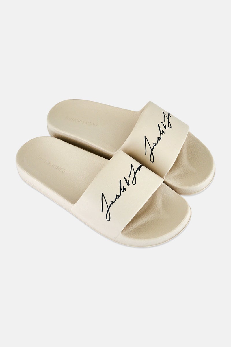 JACK & JONES Men Brand Logo Slip On Slides, Cream - Image 3