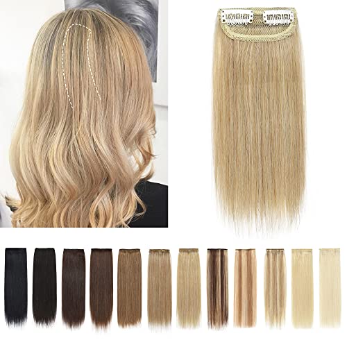 SEGO 2 Pcs Short Hair Extensions Clip in Human Hair 8 Inch 24g Hairpiece Human Hair Toppers for Women With Thinning Hair Adding Hair Volume 24 Natural Blonde