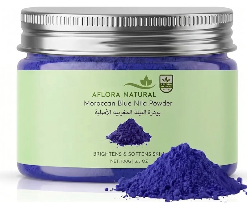 AFLORA NATURAL Moroccan Blue Nila Powder 100g – 100% Pure & Natural – Skin Brightening Face & Body Mask – Helps Reduce Tan, Dark Spots & Uneven Tone – Traditional Moroccan Beauty Care