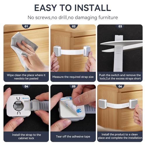PAULTEMP 2 Pack Child Safety Cabinet Locks for Baby Proofing, Length Adjustable Latch Straps Dual Button Design for Drawers Fridge Refrigerator Doors Toilet Seat Oven - Image 5