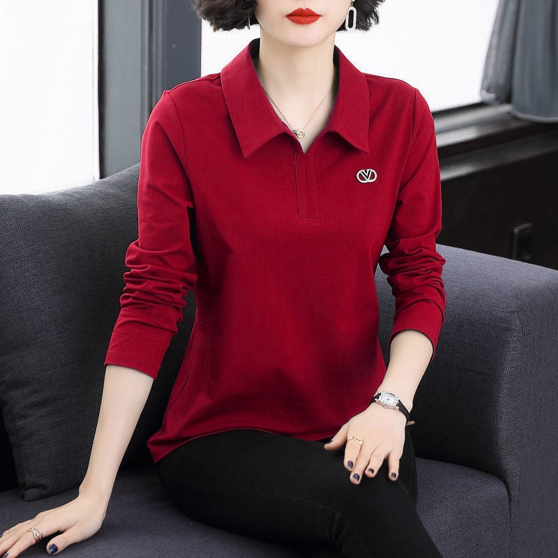 Solid color T-shirt womens lapel long-sleeved T-shirt womens loose spring and autumn top womens spring and summer outer wear polo collar bottoming shirt A15-Black - Image 2