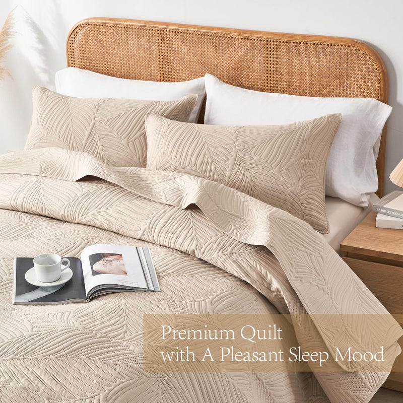 OARAGE Queen Quilt Bedding Set Soft Lightweight Beige Bedspread with Leaf Pattern Ultrasonic Microfiber Bed Coverlet Full Size for All Season (1 Quilt  2 Shams) - Image 3