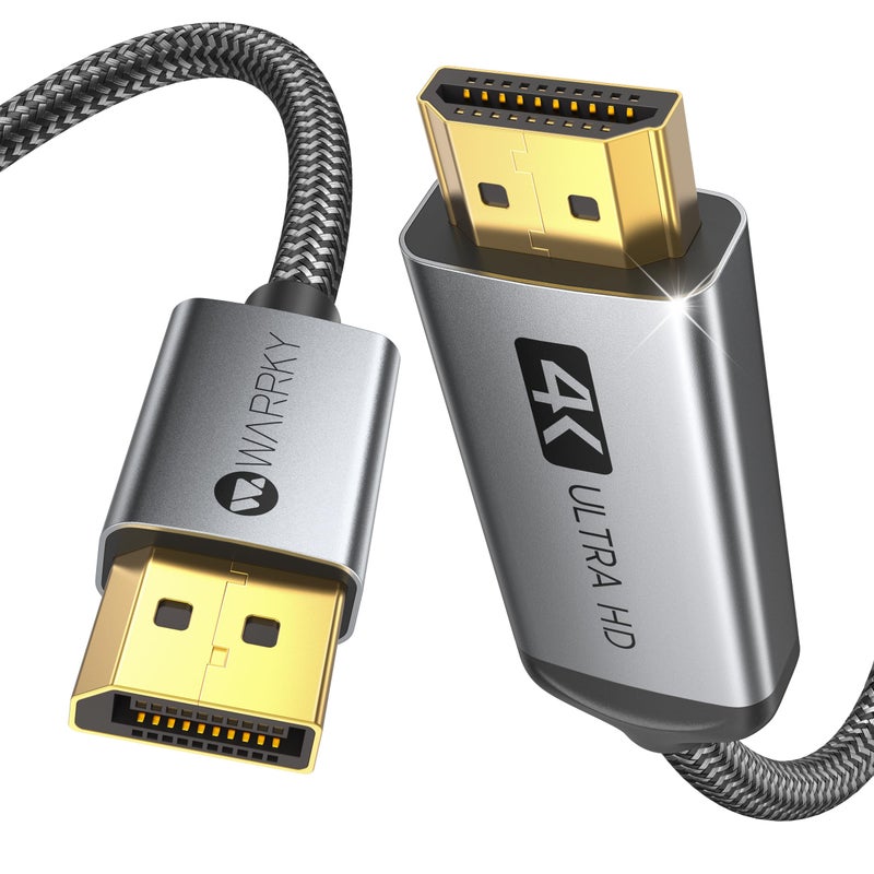 Warrky كابل ووركي DisplayPort إلى HDMI 6 قدم [حالة معدنية، كابل نايلون] نقل أحادي الاتجاه DP 1.2 من الكمبيوتر إلى شاشة HDMI 1.4 متوافق مع ديل، HP، سامسونج، الكمبيوتر الشخصي، اللابتوب، البروجيكتور، التلفاز - Image 1