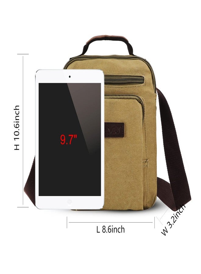 إيه إم جيه حقيبة كتف قماشية كلاسيكية من AMJ - حقيبة كروسبودي مزينة بالجلد بتصميم ريترو للرجال، حقيبة عمل متينة وحقيبة كتب جامعية مع حزام قابل للتعديل (كاكي) - Image 3