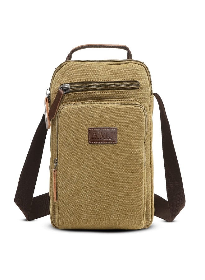 إيه إم جيه حقيبة كتف قماشية كلاسيكية من AMJ - حقيبة كروسبودي مزينة بالجلد بتصميم ريترو للرجال، حقيبة عمل متينة وحقيبة كتب جامعية مع حزام قابل للتعديل (كاكي) - Image 1