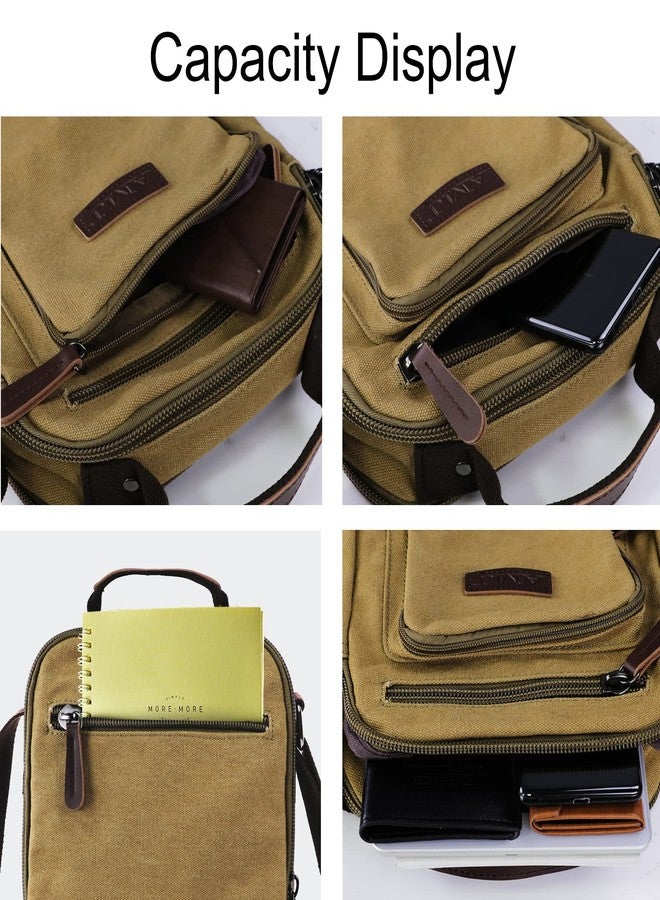 إيه إم جيه حقيبة كتف قماشية كلاسيكية من AMJ - حقيبة كروسبودي مزينة بالجلد بتصميم ريترو للرجال، حقيبة عمل متينة وحقيبة كتب جامعية مع حزام قابل للتعديل (كاكي) - Image 5