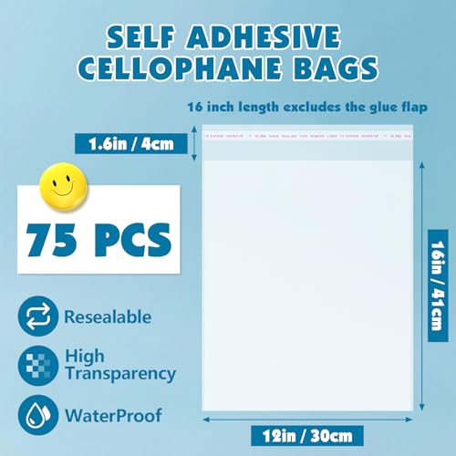 NUITPY 75 Pcs Clear Cellophane Bags, 12x16 Inch Resealable Poly Bag, Self Sealing Shirt Bags, Clear Bag for Clothes, magazine, postcard - Image 2