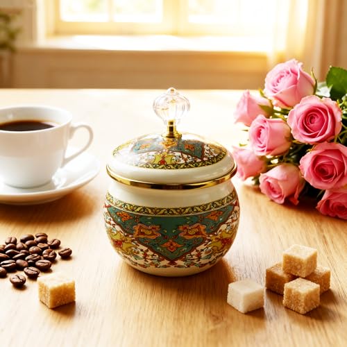 Leebright Floral Enamel Sugar Bowl Gold Ethnic Seasoning Jar Vintage Tea Canister Spice Box Retro Coffee Candy Storage Pot Bohemian Salt Container Jar for Home Kitchen Decor - Image 4