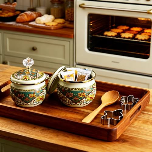 Leebright Floral Enamel Sugar Bowl Gold Ethnic Seasoning Jar Vintage Tea Canister Spice Box Retro Coffee Candy Storage Pot Bohemian Salt Container Jar for Home Kitchen Decor - Image 5