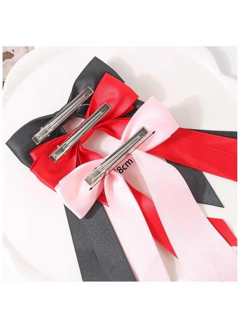 GIFT Hair Bows Ribbon, 6 Pcs Long Silky Satin Hair Bows Hair Clip for Women Girls, Bowknot Hair Clips Barrettes with Small Long Tail Solid Satin Hair Accessories - Image 3