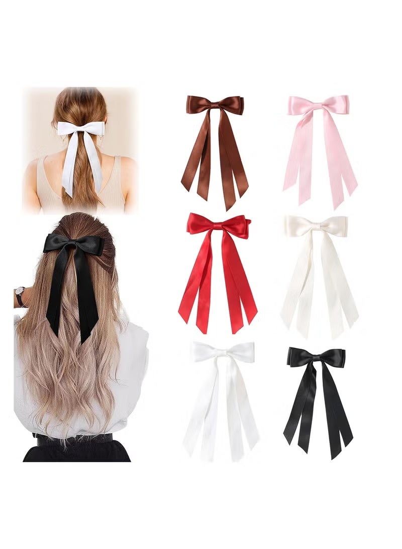 GIFT Hair Bows Ribbon, 6 Pcs Long Silky Satin Hair Bows Hair Clip for Women Girls, Bowknot Hair Clips Barrettes with Small Long Tail Solid Satin Hair Accessories - Image 1