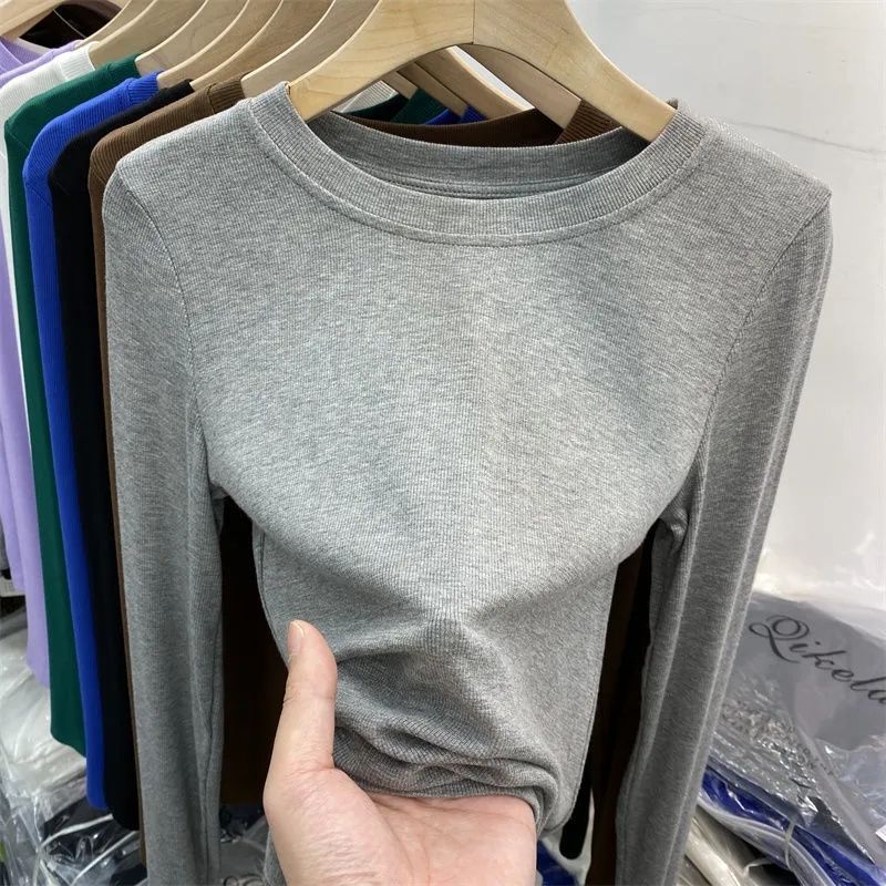 [Multi-color optional] high-grade solid color mask T-shirt long sleeve new slim slimming design feeling base shirt top - Image 1