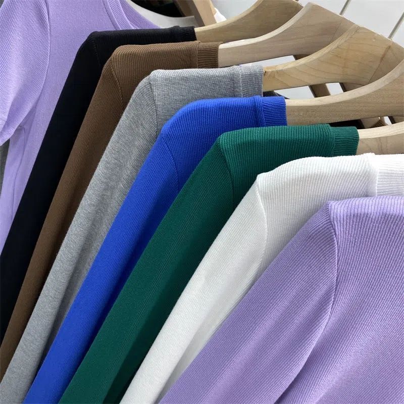[Multi-color optional] high-grade solid color mask T-shirt long sleeve new slim slimming design feeling base shirt top - Image 5