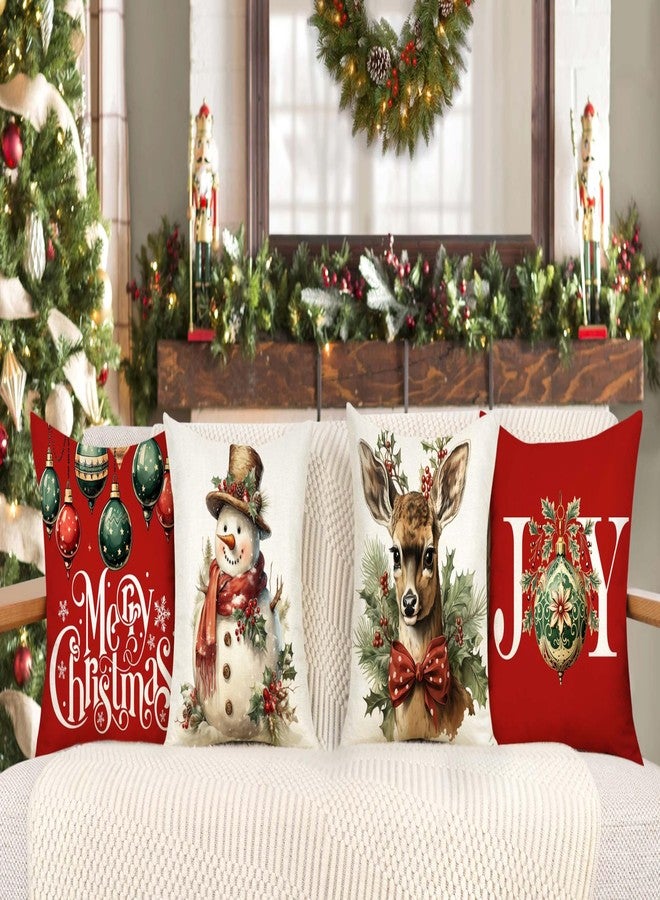 4TH Emotion Christmas Pillow Covers 18x18 Set of 4 Red White Farmhouse Xmas Decorations Snowman Deer Joy Winter Holiday Decor Throw Cushion Case for Home Couch S24C04 - Image 2