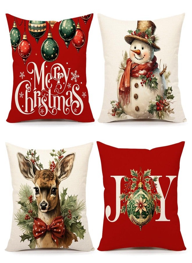 4TH Emotion Christmas Pillow Covers 18x18 Set of 4 Red White Farmhouse Xmas Decorations Snowman Deer Joy Winter Holiday Decor Throw Cushion Case for Home Couch S24C04 - Image 1