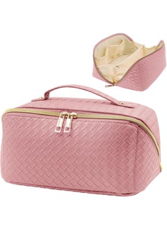 ZUKIMM Make Up Bag, Upgrade Large Capacity Travel Cosmetic Bag for Women, Waterproof Portable Flat Lay Checkered Makeup Bag Organizer with Handle and Divider (Pink) 