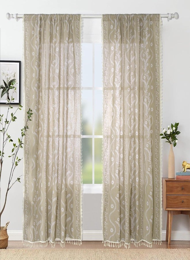 Schweek Tan Boho Curtains 96 Inch Length Linen Curtains for Living Room 2 Panels, Vintage Farmhouse Printed Floral Curtain Rustic Curtain Drapes - Image 2