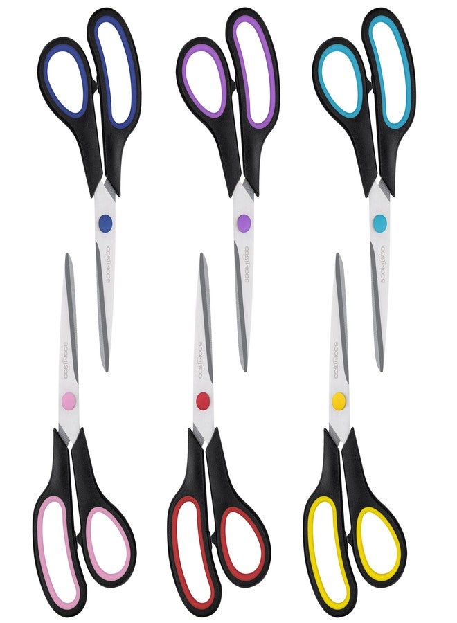 BOOMIBOO Scissors, BOOMIBOO 8" All Purpose 6 Pack - Comfort-Grip Scissors for Office Desk Accessories Sewing Fabric Home Craft School Supplies, Teacher/Class Supplies, Right/Left Handles - Image 1