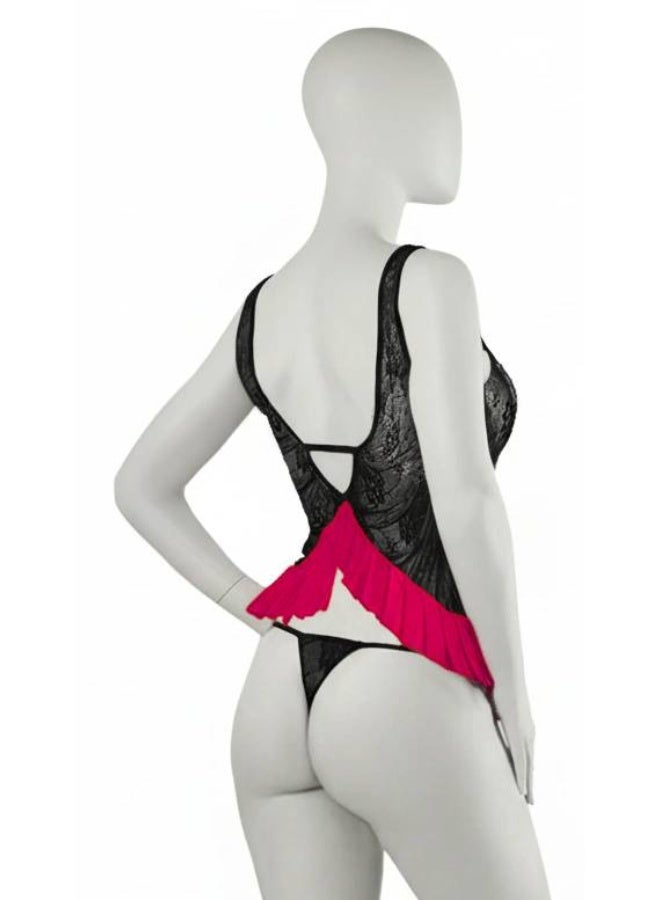 طقم لانجري دانتيل للنساء  بيبي دول بفيونكة حمراء وكشكشة أنيقة - Image 2